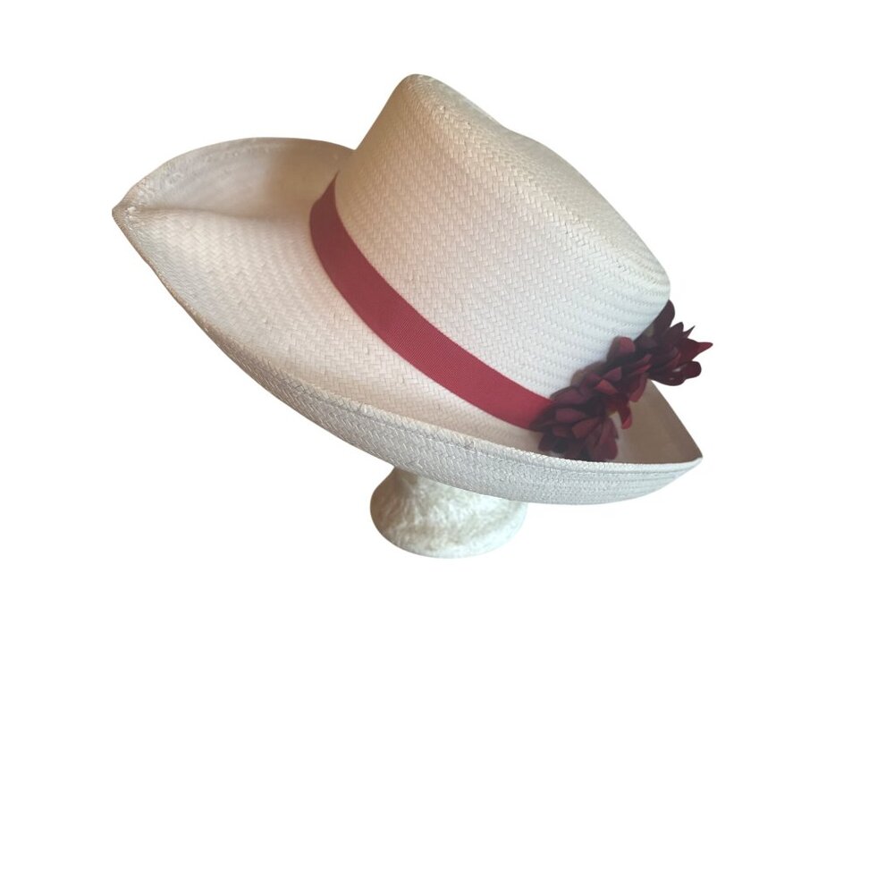 White Wide-Brim Straw Hat With Red Ribbon & Flower Accent By Tina too